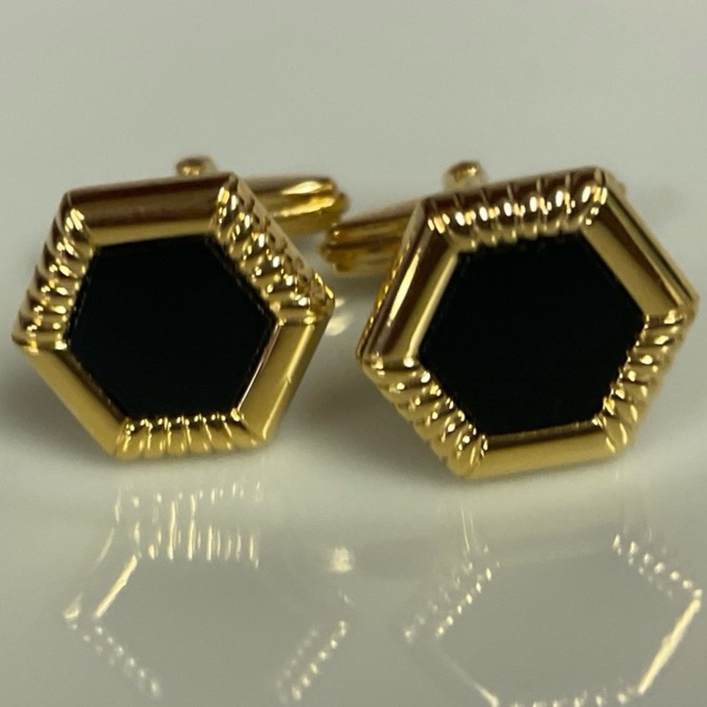 NEW Vintage Lanvin OnyxGold tone Hexagon Cufflinks